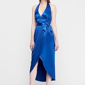 Express Blue Satin Wrap Hi-Lo Halter Maxi Dress